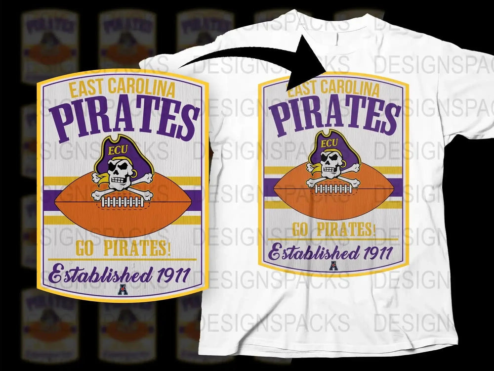 East Carolina Pirates T-Shirt, Vintage Sports Tee, College Football Apparel, ECU Skull Graphic, Purple and Orange