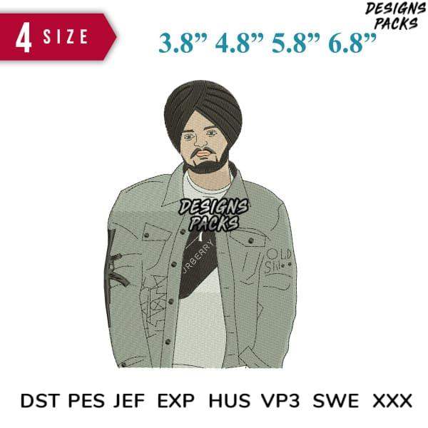Embroidery design of a man in a turban and jacket, available in multiple sizes and formats.