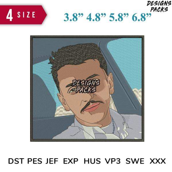 Embroidery design of man in car, available in 4 sizes & formats like DST, PES, JEF for instant download