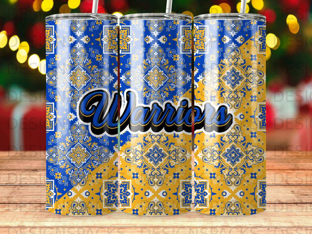 Blue and yellow warriors tumbler with ornate pattern and straw.