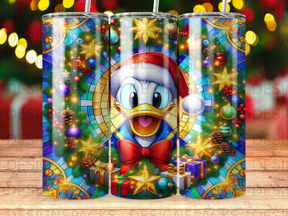Donald Duck in Santa hat with festive Christmas decorations and gifts.