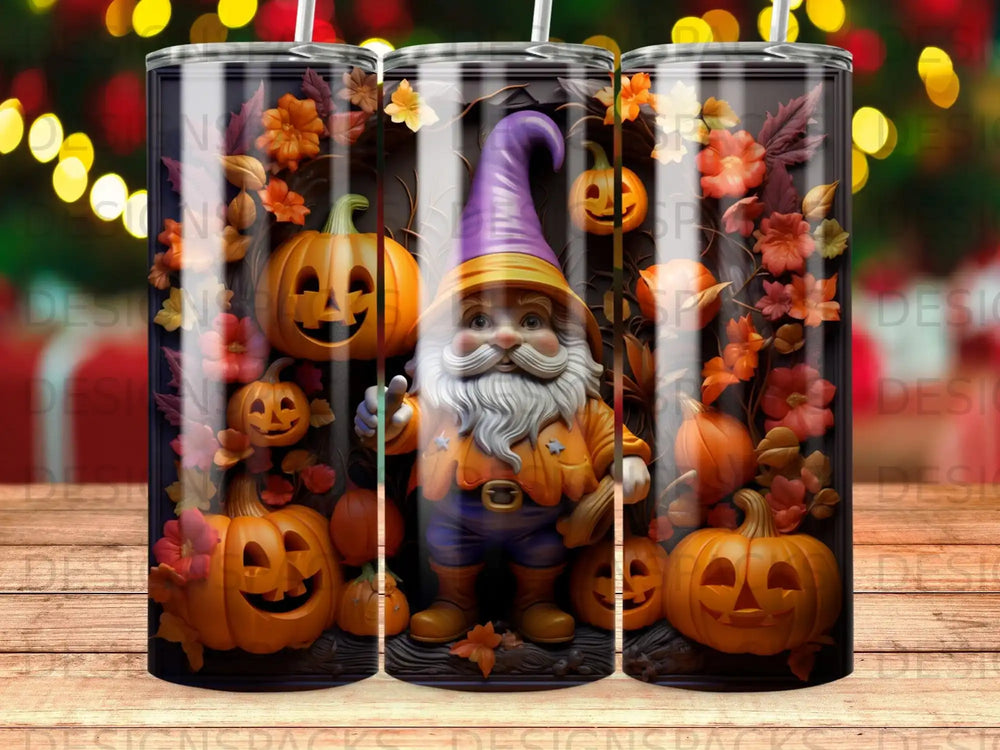 Gnome with pumpkins and autumn leaves on a Halloween tumbler.