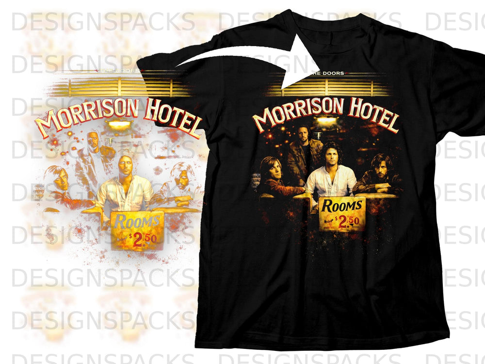 Black t-shirt with The Doors "Morrison Hotel" album art and "Rooms $2.50" sign.