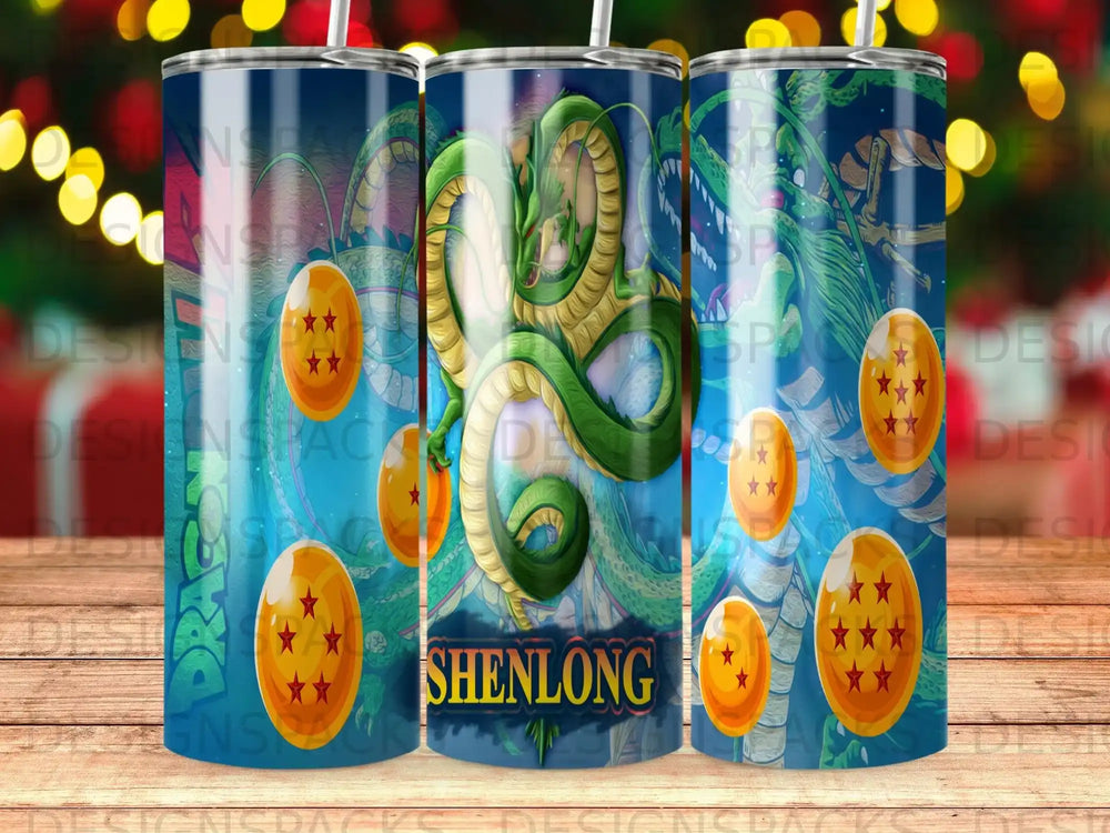 Green dragon Shenron surrounded by dragon balls on a blue tumbler.