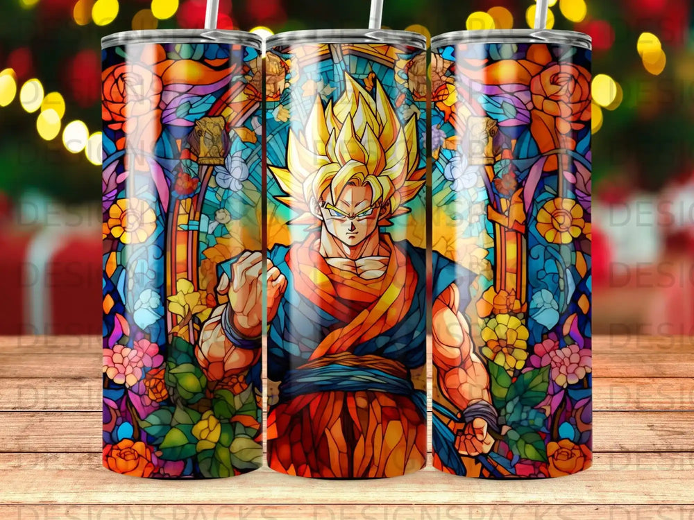 Dragon Ball Z Goku stained glass tumbler with floral accents.