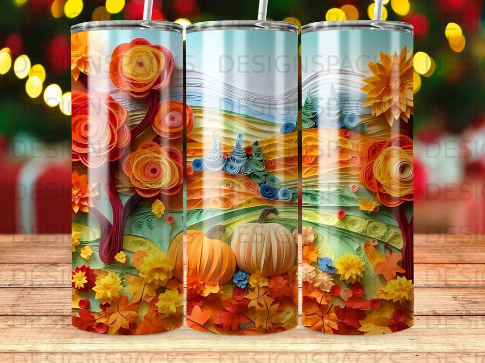 Autumn landscape with pumpkins and fall foliage on three tumblers.