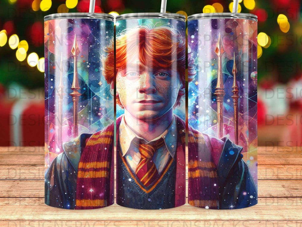 Ron Weasley from Harry Potter illustration on a tumbler with magical background.