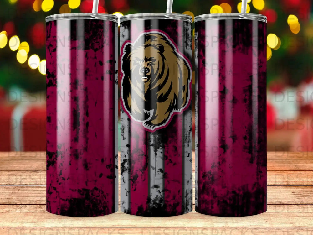 Brown bear head logo on a distressed maroon and black striped tumbler.