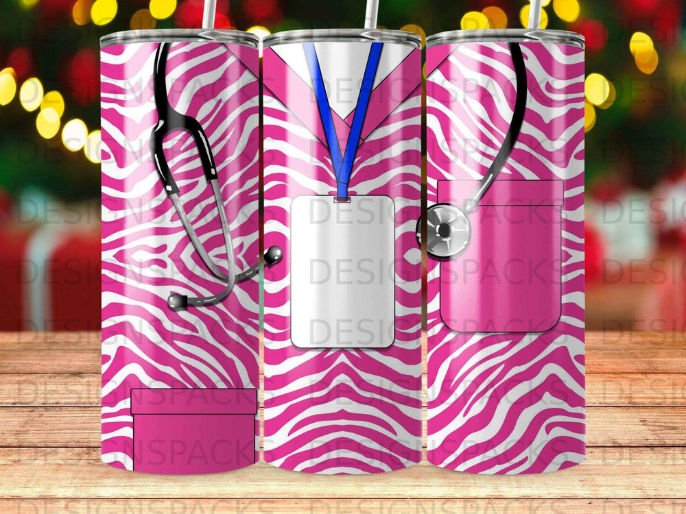 Tumbler with pink and white zebra print, stethoscope, and lanyard.