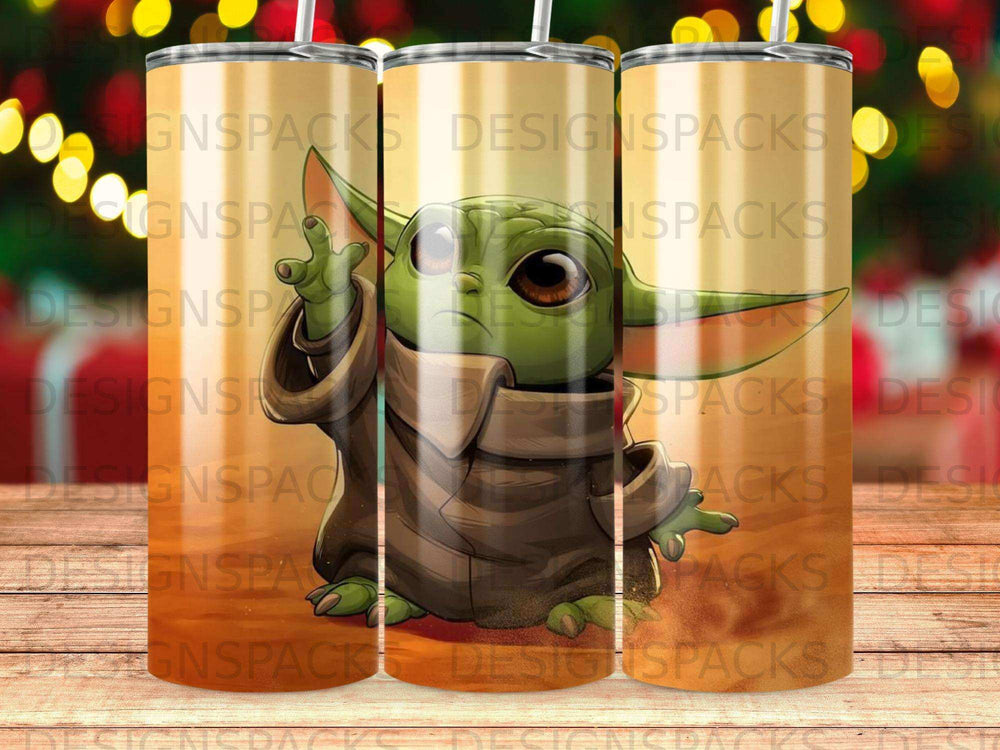 Grogu character from Star Wars on a cylindrical tumbler with repeated watermark.