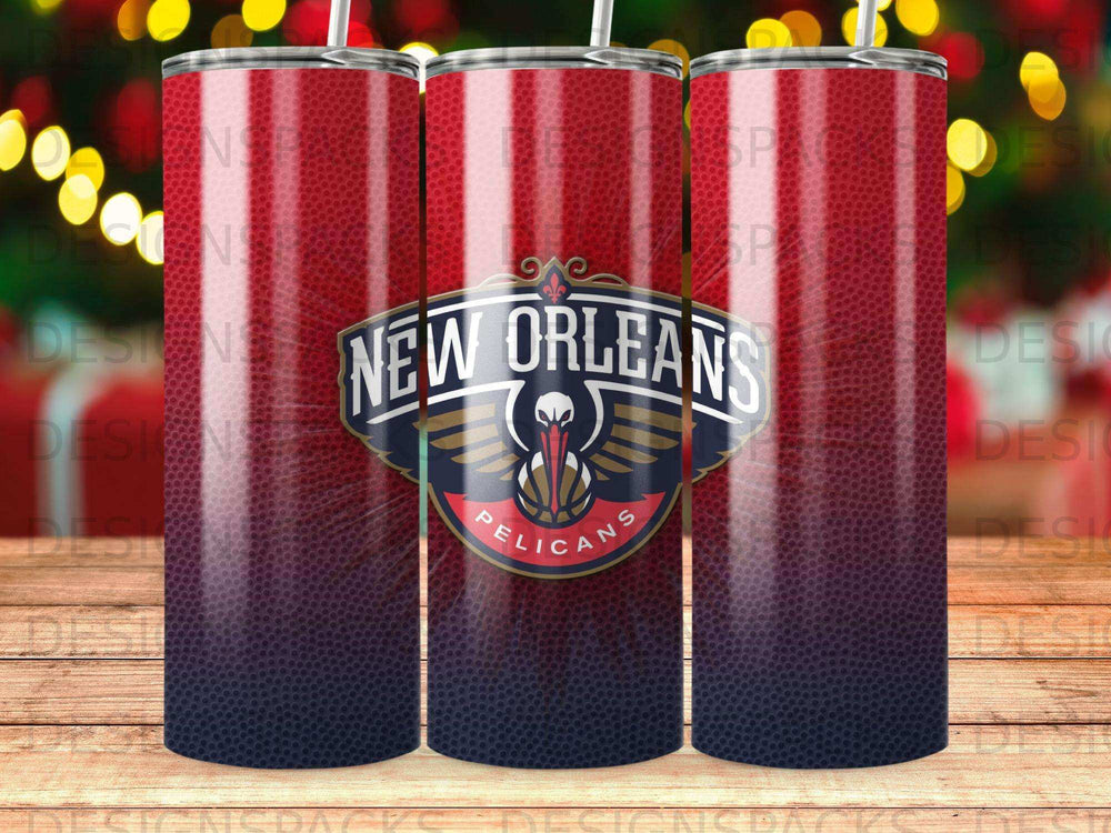 New Orleans Pelicans logo on a red and blue gradient tumbler.