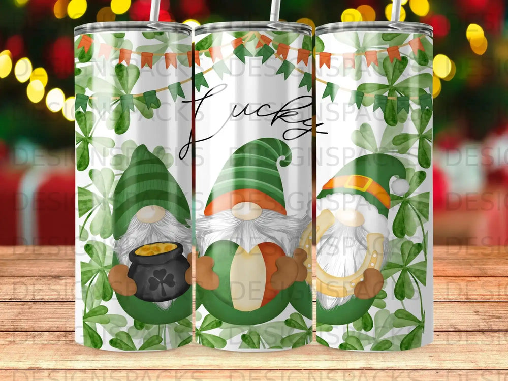 Three St. Patrick's Day gnomes with shamrocks and a pot of gold.