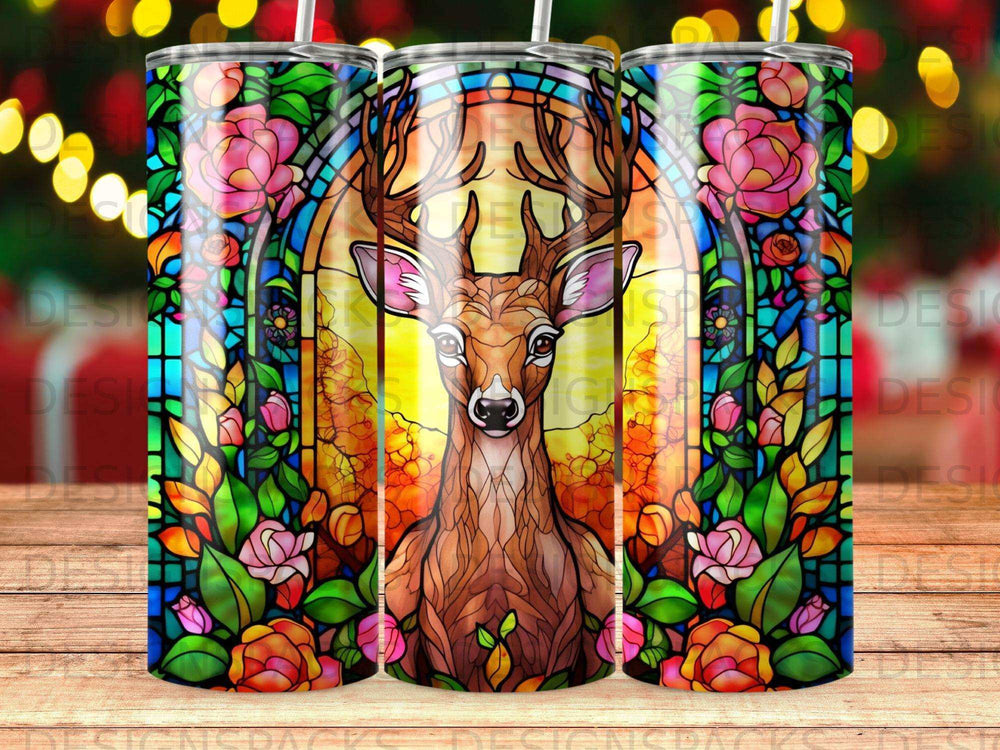 Deer with stained glass floral border on tumbler.
