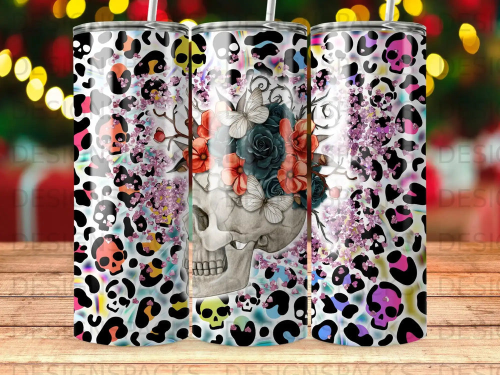 Tumbler with skull, flowers, and leopard print design.