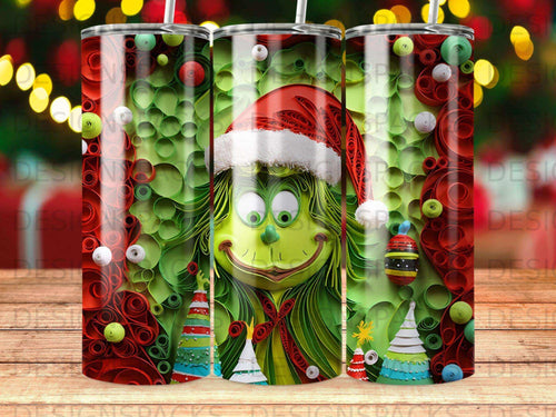 Grinch character in Santa hat with Christmas tree decorations and bokeh lights.