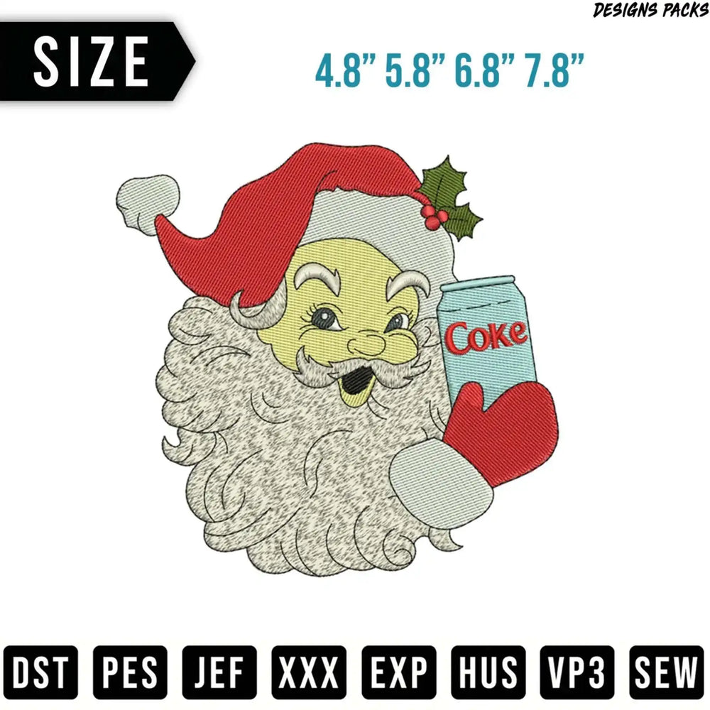 Embroidered Santa Claus holding a can of Coke, available in multiple sizes.