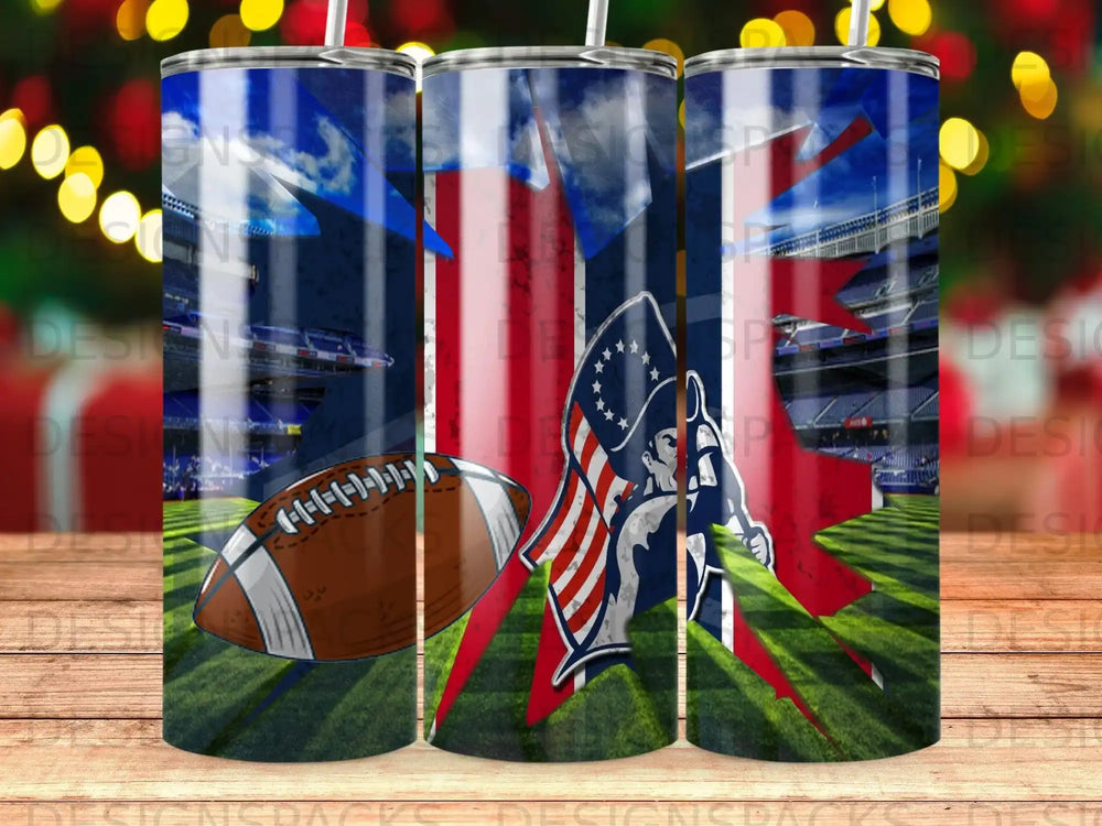 Patriotic American flag and football against stadium background.
