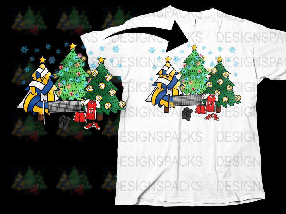 Festive Christmas T-Shirt with Animated Basketball Trees and Starry Night Design