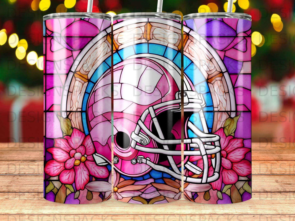 Pink football helmet with stained glass and floral accents.