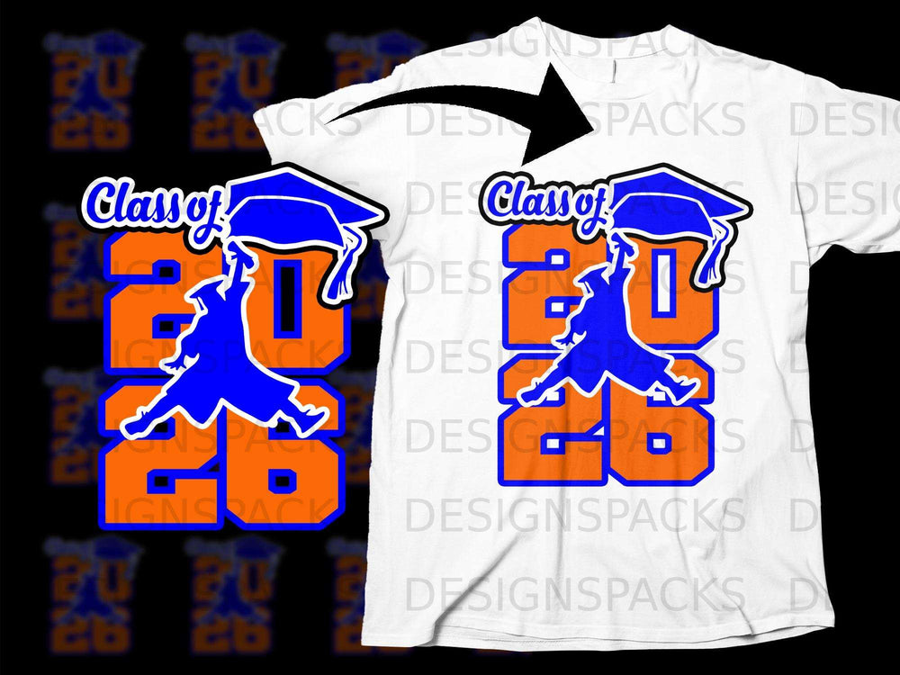 "Class of" text with graduation cap over blue figure and orange 2026 numbers.