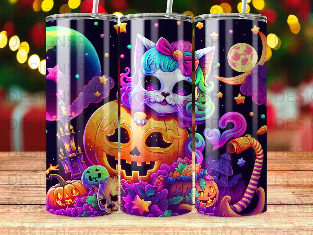 Whimsical cat on jack-o'-lantern with Halloween imagery and starry night.