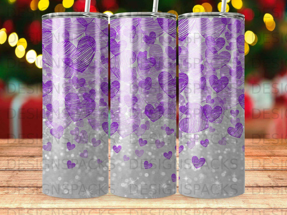 Purple glitter hearts pattern on a silver speckled background.