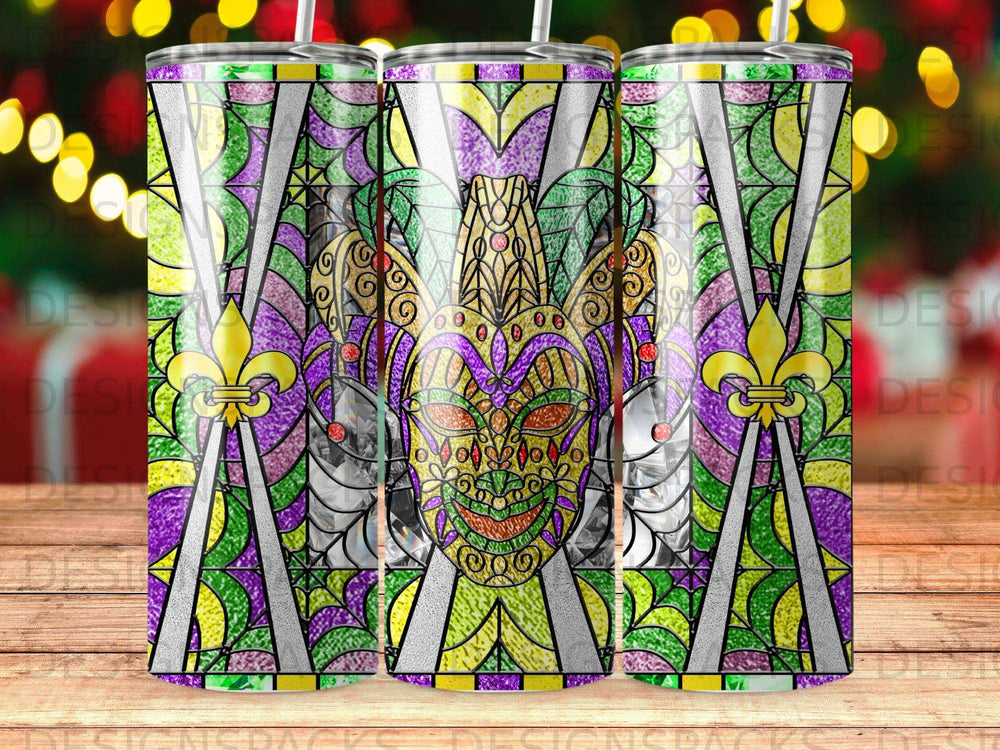 Stained glass Mardi Gras mask tumbler design with fleur-de-lis and diamonds.