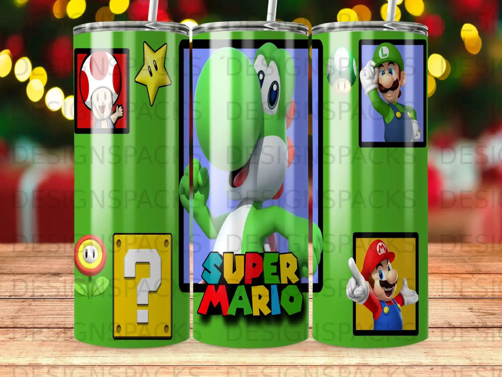 Super Mario characters including Mario, Luigi, and Toad on a green patterned tumbler.