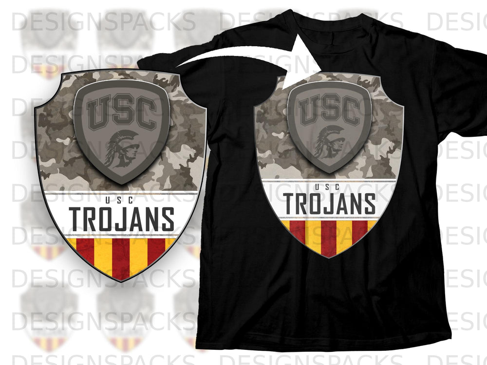 Black USC Trojans t-shirt with a camouflage shield logo and "Trojans" text.