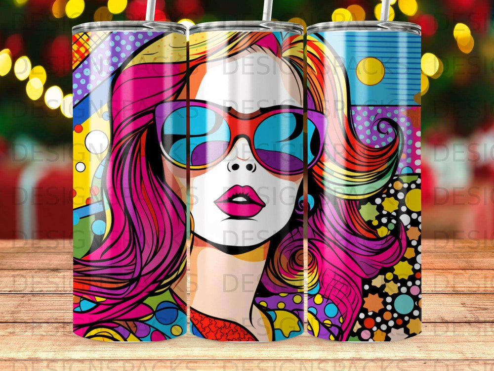 Vibrant pop art portrait of a woman with colorful hair and sunglasses.