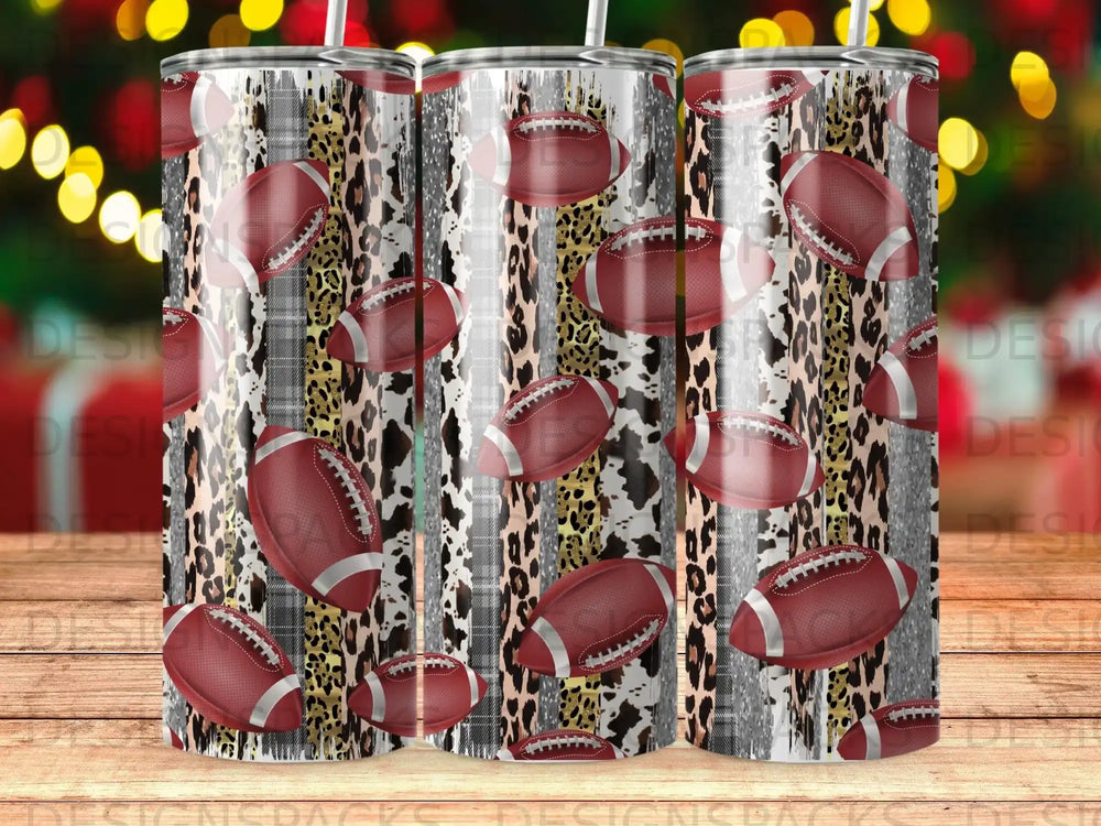 Tumblers with footballs and leopard print pattern.