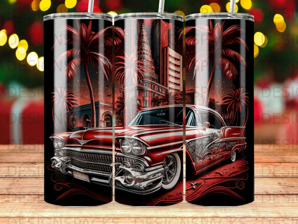 Red vintage car with palm trees and cityscape on a tumbler.