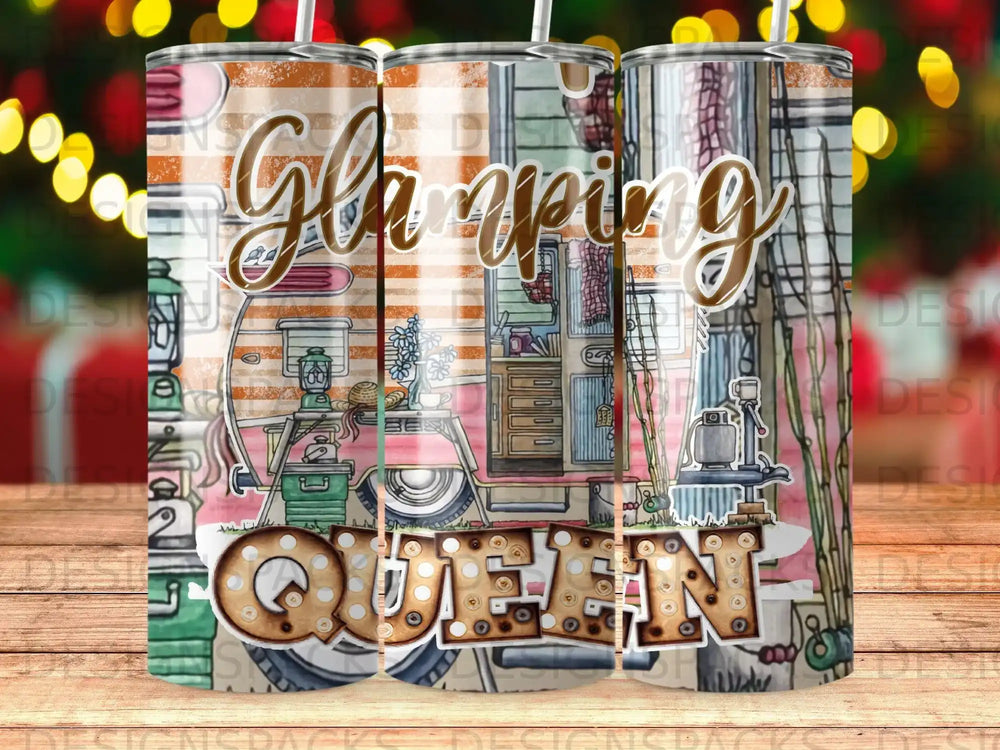 Tumbler with "Glamping Queen" text and illustrated RV interior.