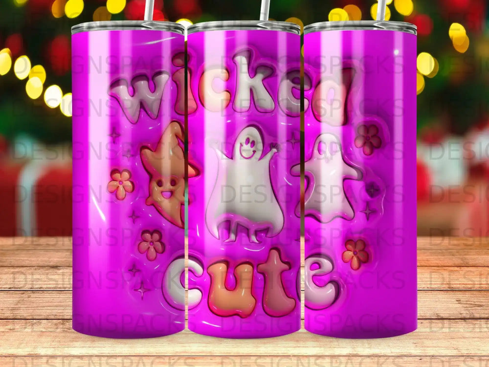 Tumbler wrap with "Wicked Cute" text and ghost designs.