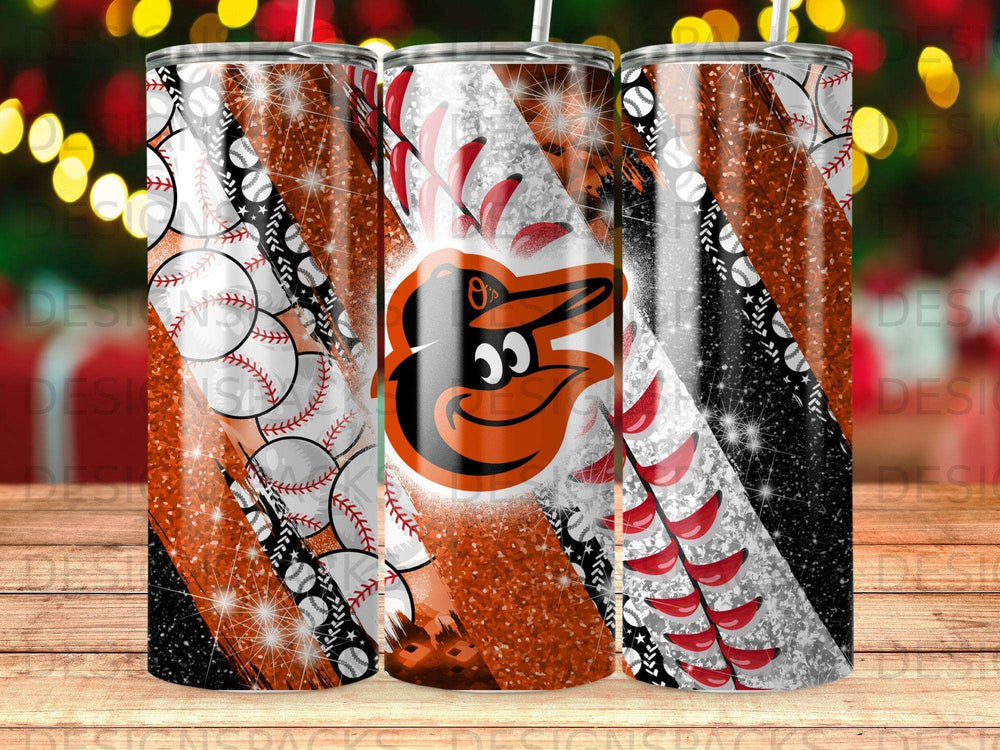 Baltimore Orioles baseball tumbler with orange, black, and glitter design.