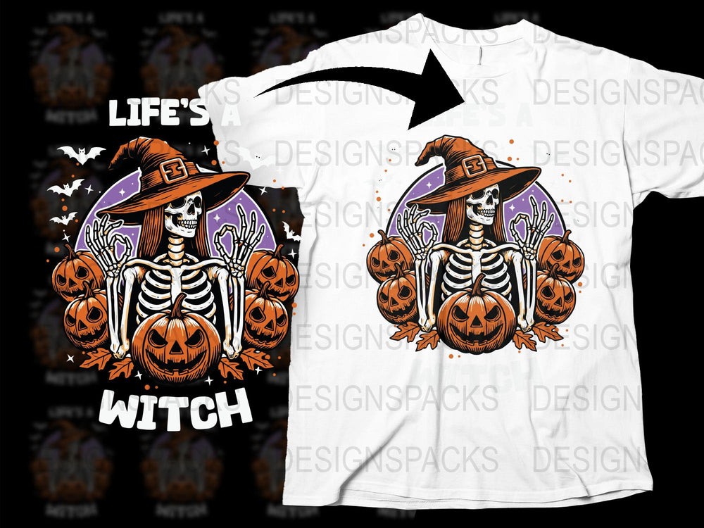 Halloween Skeleton Witch T-Shirt, Spooky Pumpkin Graphic Tee, Unisex Halloween Costume Shirt, Autumn Festive Apparel