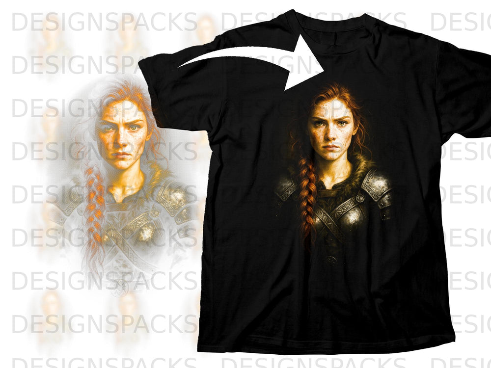 Black t-shirt with a warrior woman illustration featuring braided red hair.