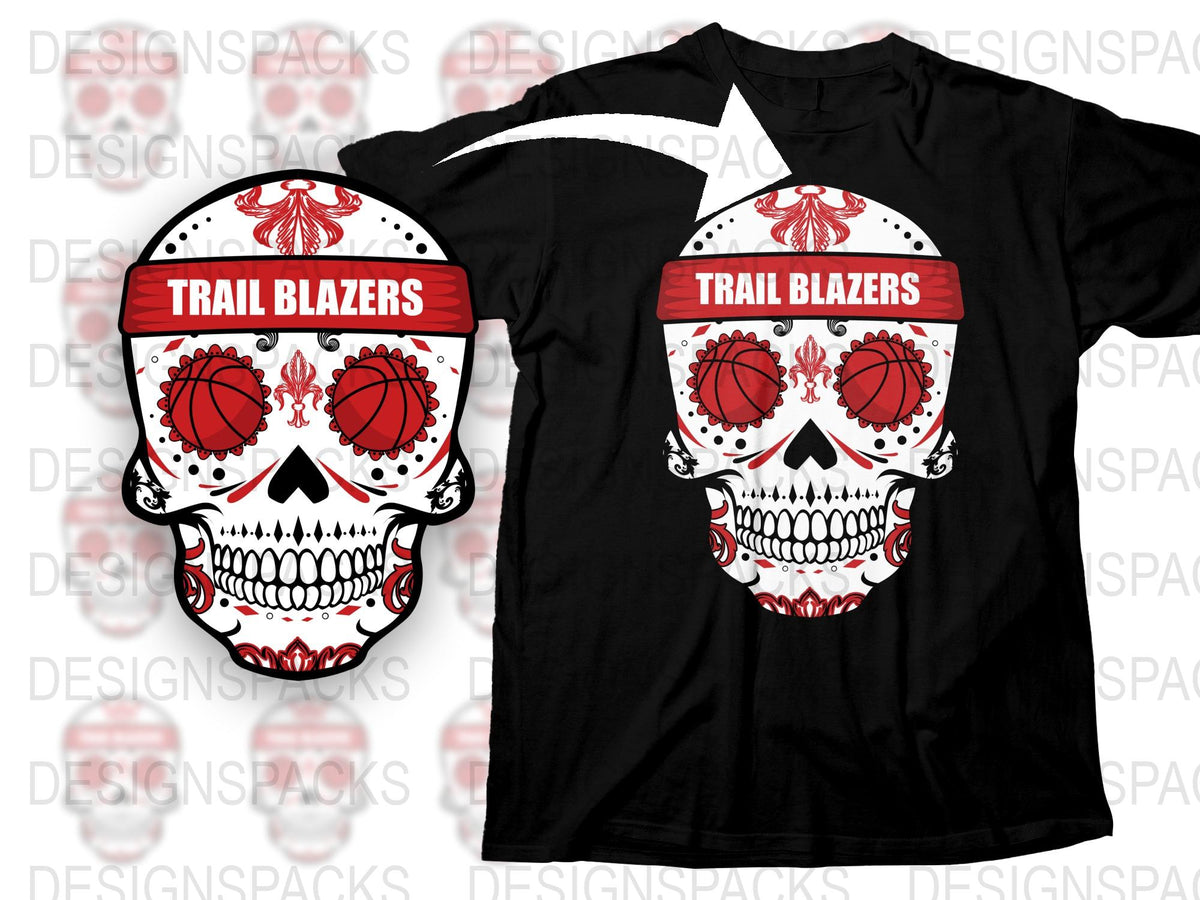 Trail Blazers Skull T-Shirt, Red and White Graphic Tee, Sports Fan Apparel, Unique Skull Design Shirt
