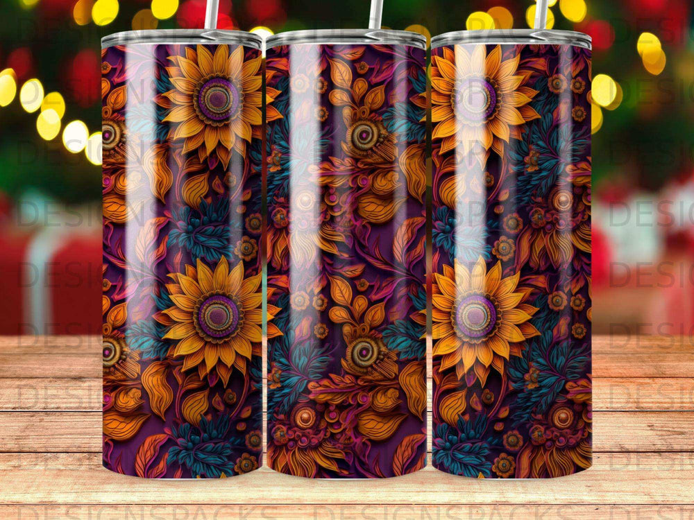 Sunflower and floral pattern on a cylindrical tumbler.