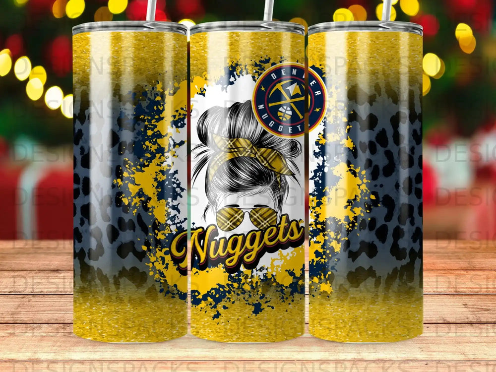 Denver Nuggets tumbler with leopard print and glitter accents.