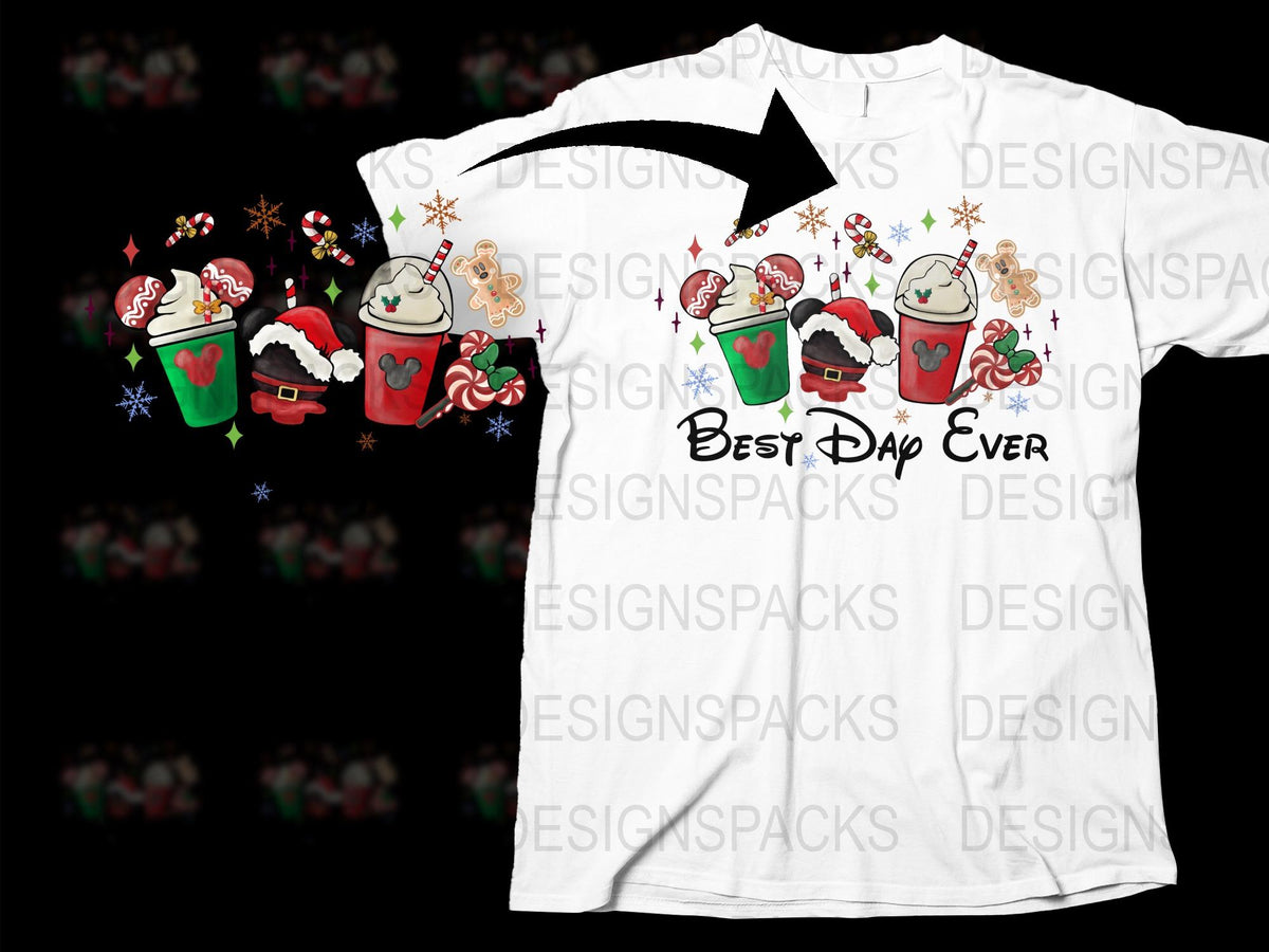 Festive Holiday T-Shirt, Christmas Coffee Cups Design, Santa and Gingerbread, Best Day Ever Seasonal Tee