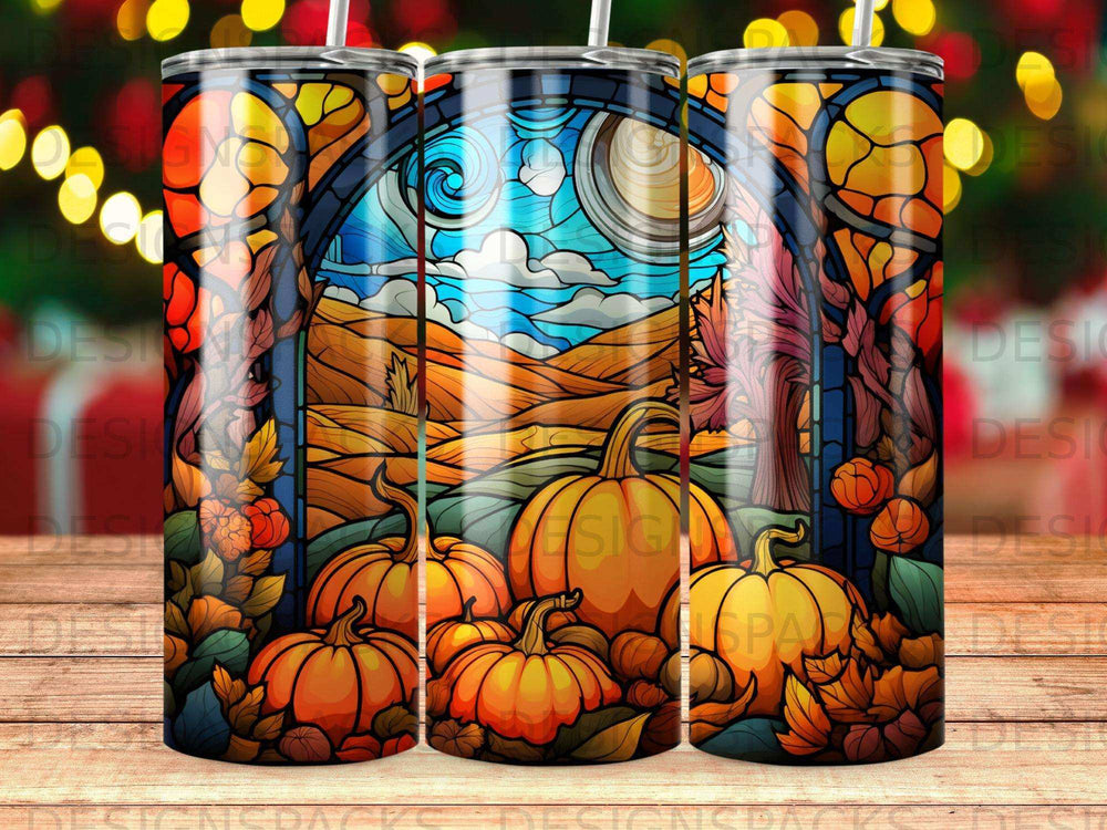 Autumn scene with pumpkins and stained glass overlay.