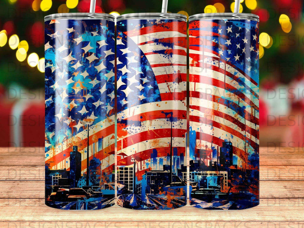 American flag skyline design on a tumbler.