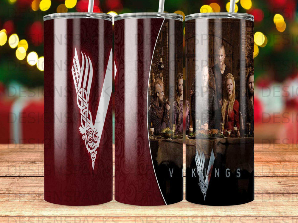 Viking themed tumbler with a large 'V' logo and characters at a table.