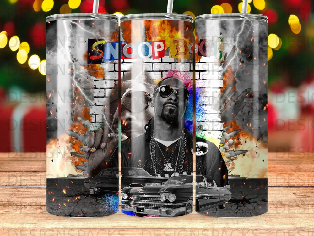 Snoop Dogg with classic cars and fiery brick wall background.