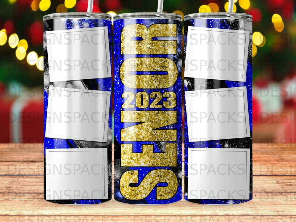 Blue tumbler with "SENIOR 2023" in gold glitter text.