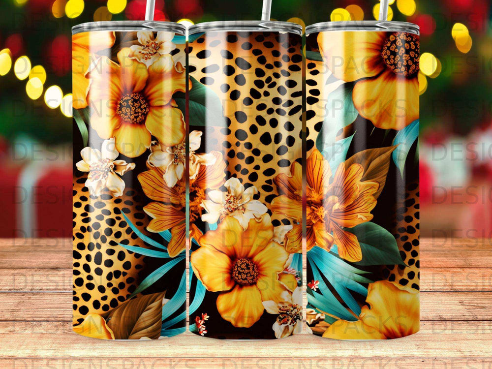 Tumbler with leopard print and orange and yellow floral design.