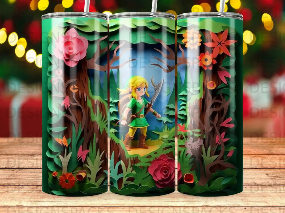 Link from The Legend of Zelda holding a sword in a forest with paper-cutout style flowers.
