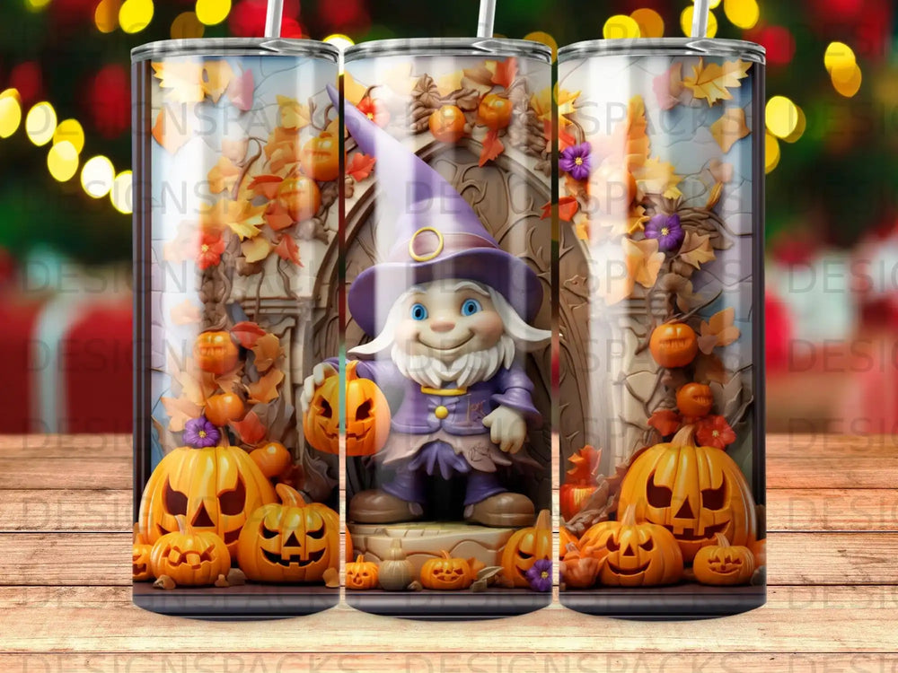 Cartoon gnome holding a pumpkin in front of autumn decorations.