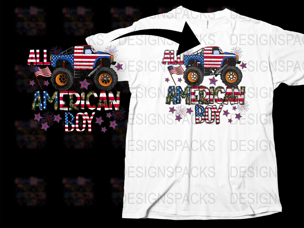 American Boy Patriotic Monster Truck T-Shirt, Kids 4th of July Outfit, USA Flag Tee, Boys' Independence Day Apparel, Summer Shirt